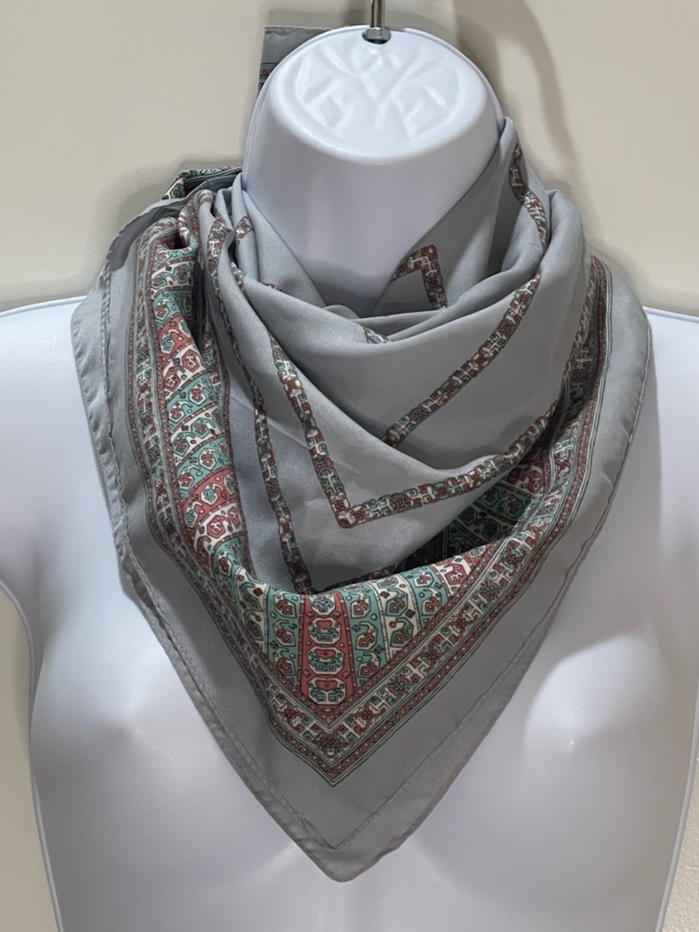 Berkshire Vintage Italian 80’s Scarf Gray with Muted Multicolor Border 27x27